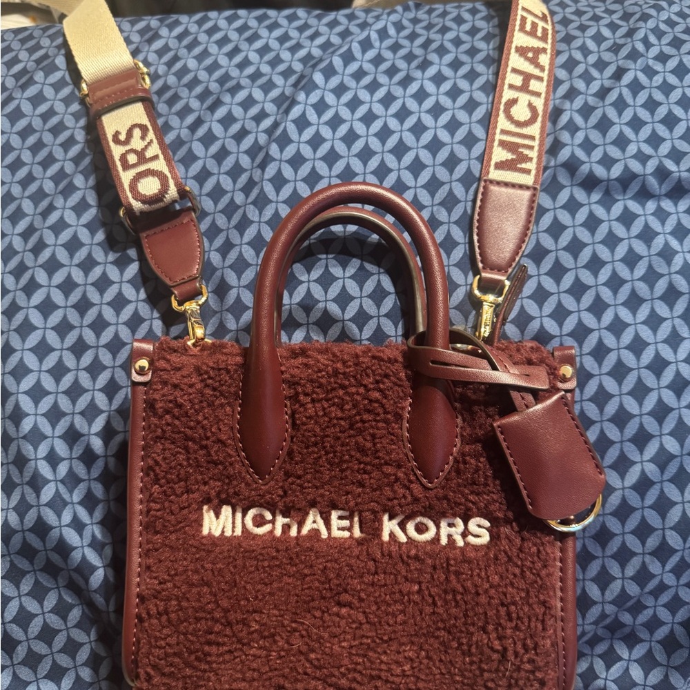 Michael Kors Burgundy Shearling Crossbody Satchel with Logo Strap
